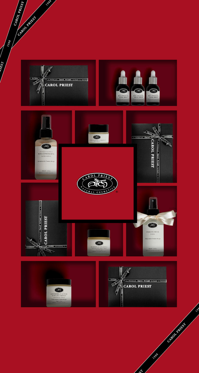 Discover the perfect Christmas gift with Carol Priest's assortment of products beautifully arranged in a red gift box.