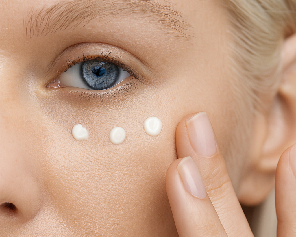 model applying carol priest evening primrose & geranium eye cream. luxury skincare